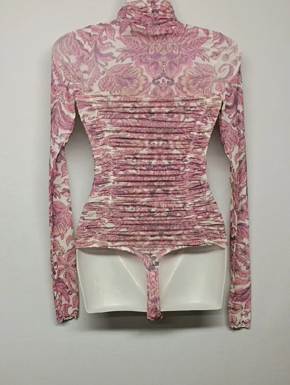 Free People Pink Paisley Ruched SHEER  Turtleneck Bodysuit